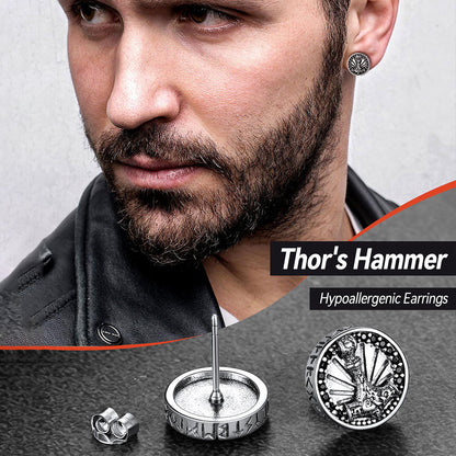 Viking Thor's Hammer Stud Earrings With Runes in Sterling Silver