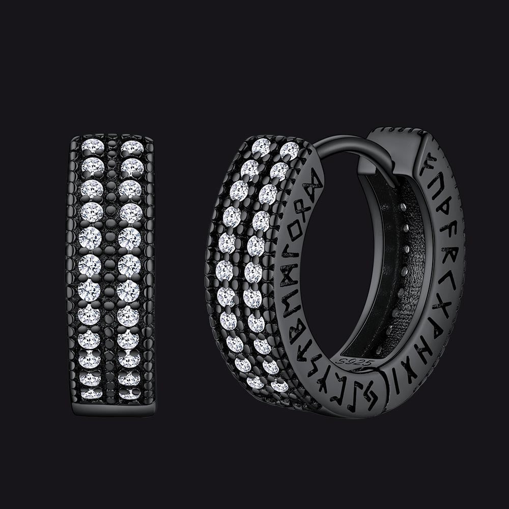 Sterling Silver Diamond Hoop Earrings with Viking Runes for Men
