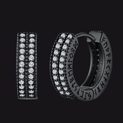 Sterling Silver Diamond Hoop Earrings with Viking Runes for Men