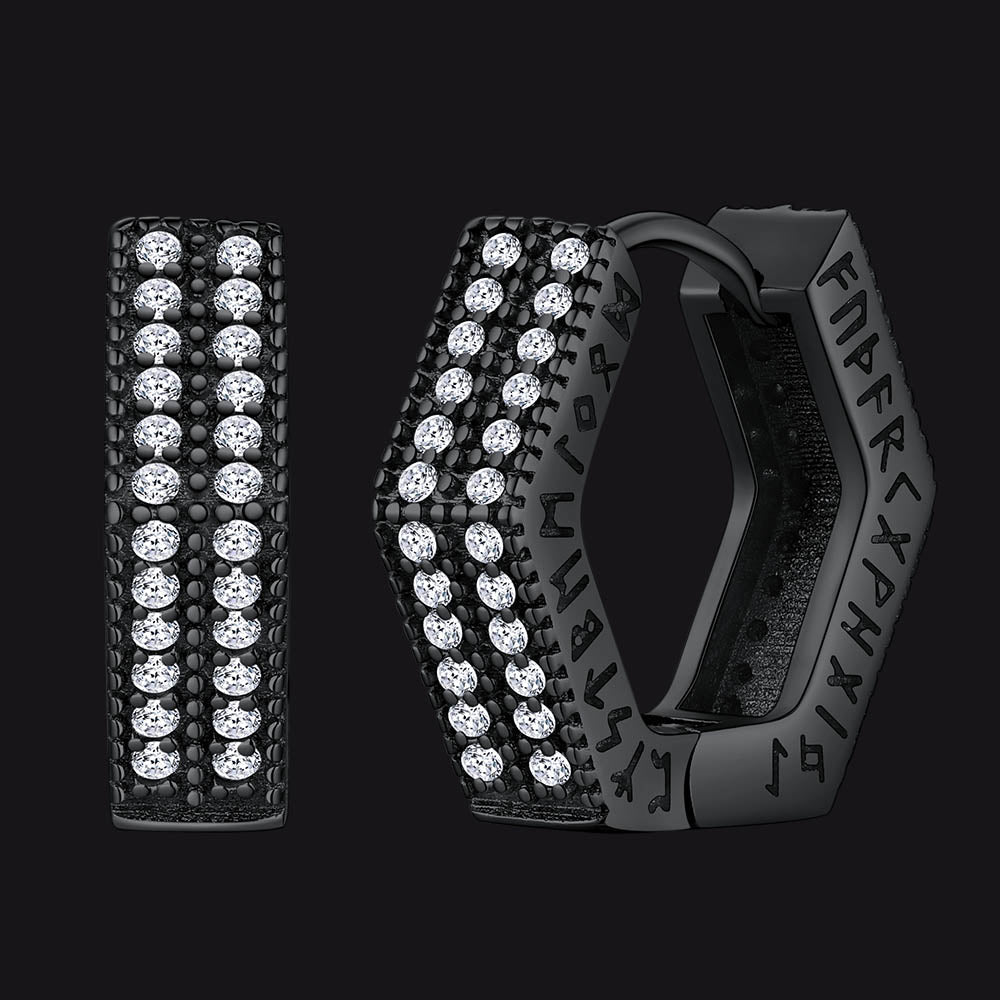 Hexagon Viking Diamond Hoop Earrings With Runes for Men