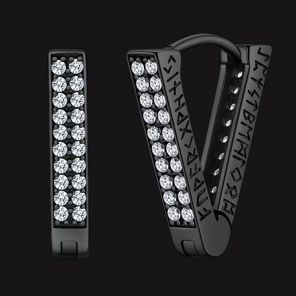 Cubic Zirconia Triangle Huggie Hoop Earrings With Viking Runes for Men