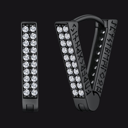 Cubic Zirconia Triangle Huggie Hoop Earrings With Viking Runes for Men
