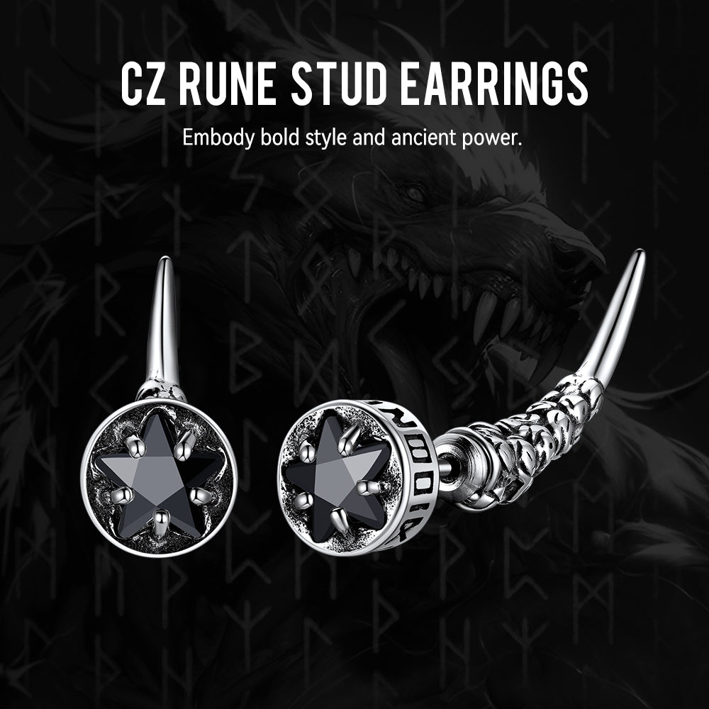 Viking Rune Fang Stud Earrings for Men – Nordic Star CZ Earrings