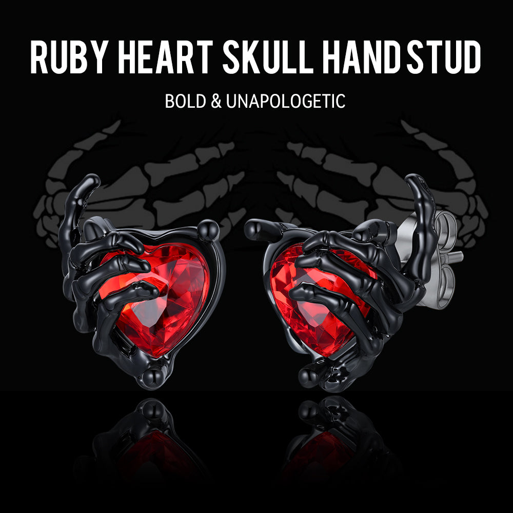Gothic Black Ruby Heart Skull Hand Stud Earrings for Men
