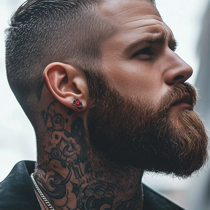 Black Skeleton Rock Hand Heart Ruby Stud Earrings for Men
