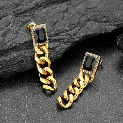 Black Cubic Zirconia Chain Drop Earrings with Gem for Men