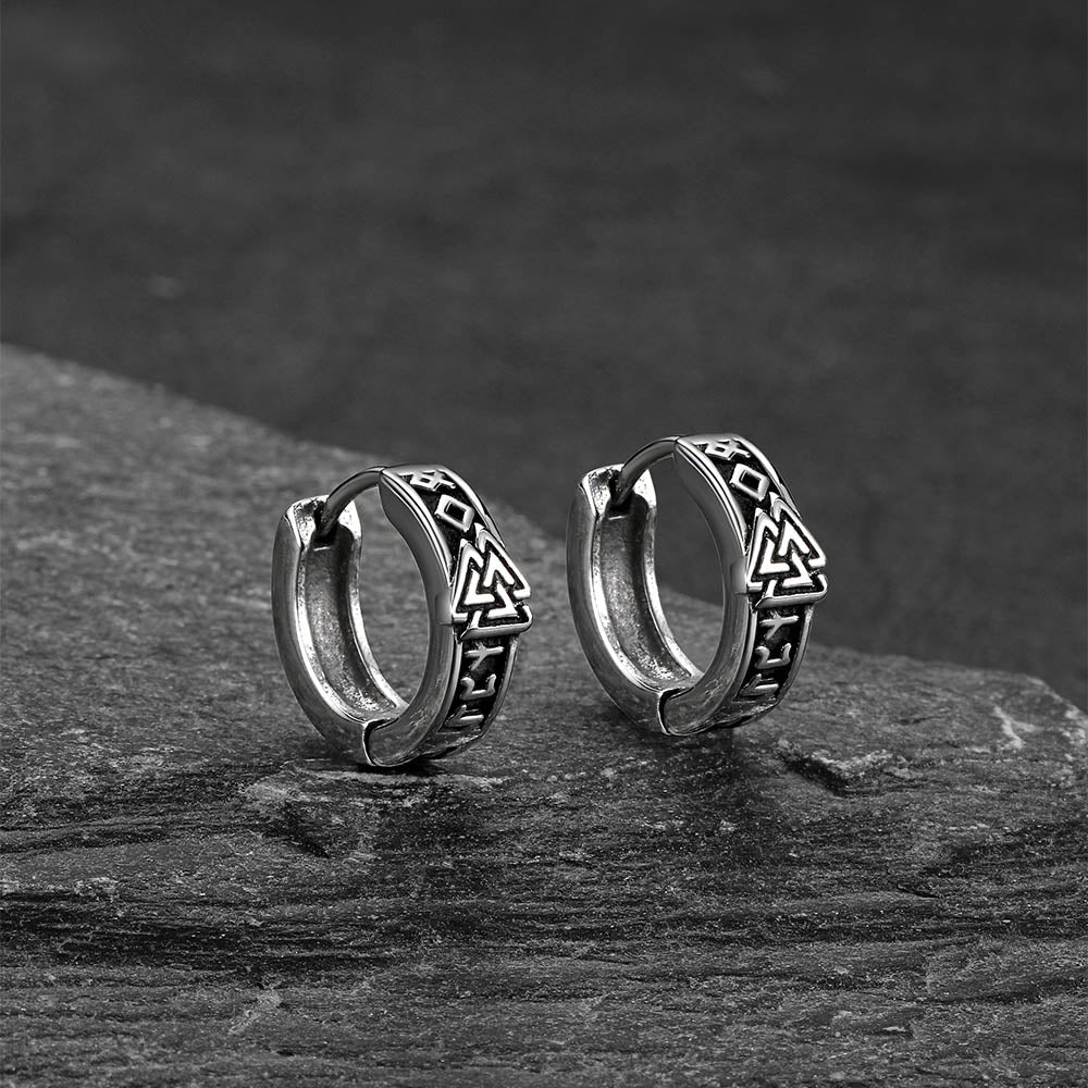 Viking Valknut Hoop Earrings with Rune for Men Stainless Steel
