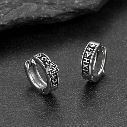 Viking Valknut Hoop Earrings with Rune for Men Stainless Steel