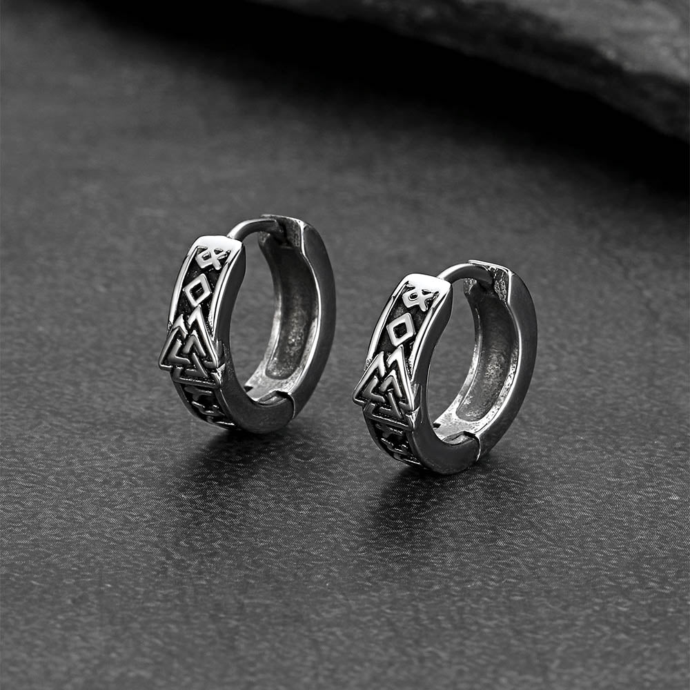 Viking Valknut Hoop Earrings with Rune for Men Stainless Steel