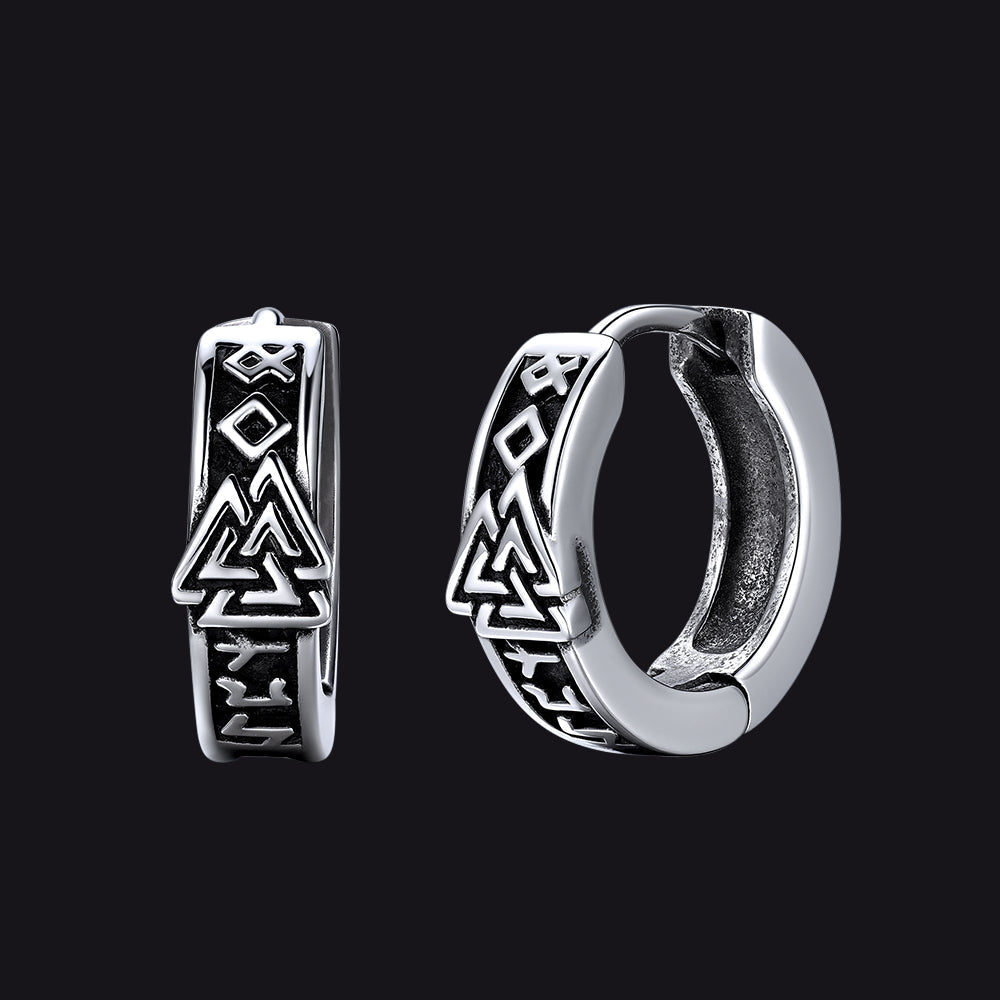 Viking Valknut Hoop Earrings with Rune for Men Stainless Steel