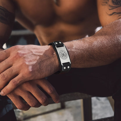 Norse Viking Compass Leather Bracelet Wristband For Men Son