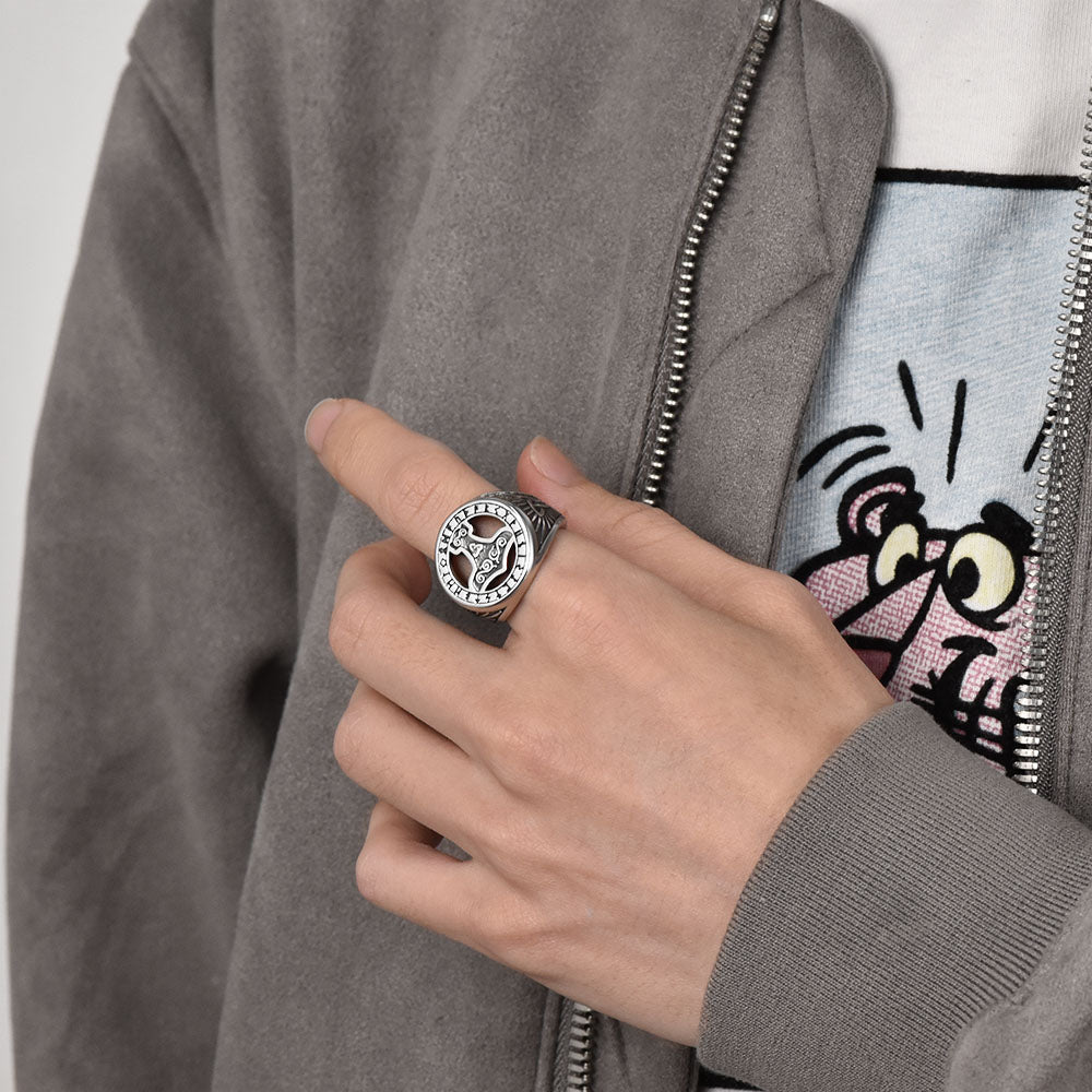 Viking Thor's Hammer Ring with Runes for Men