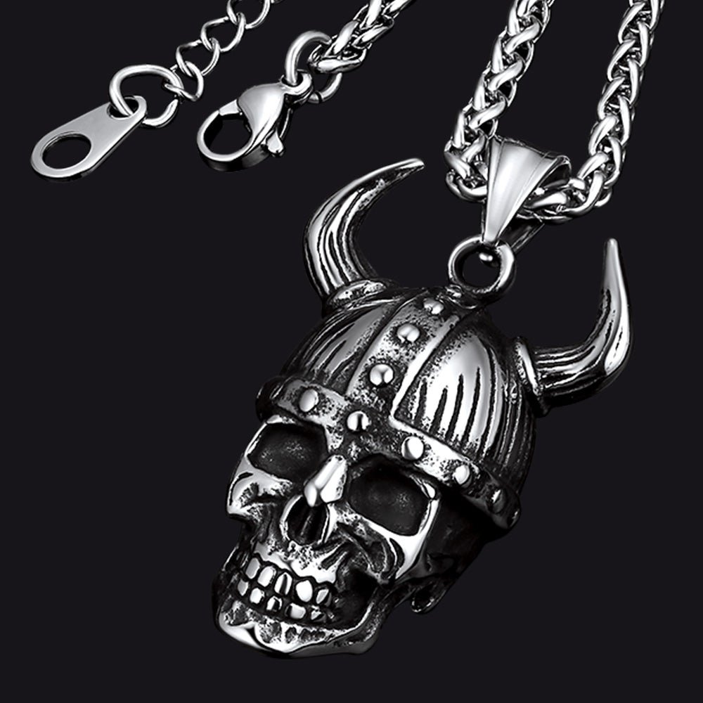 Viking Helmet Skull Pendant Necklace For Men