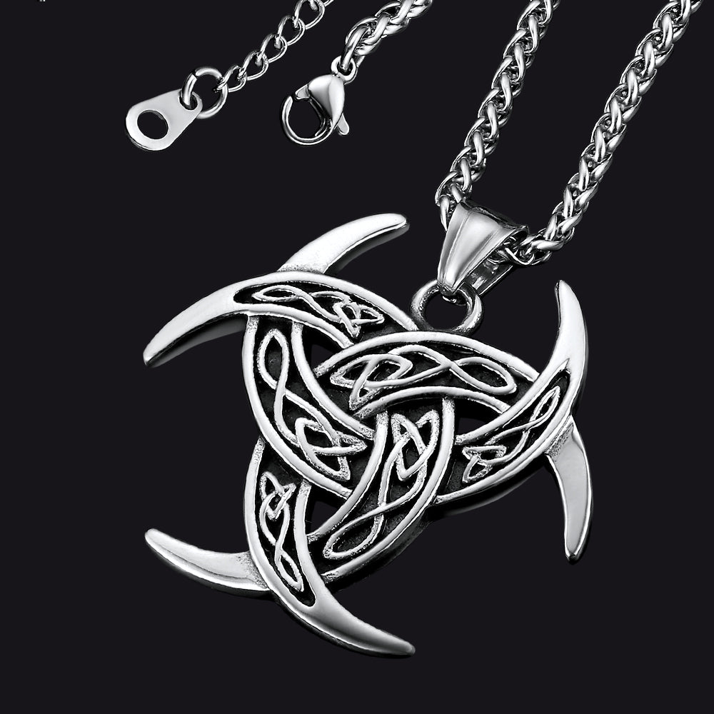 Viking Triple Horn of Odin Necklace Crescent Triquetra Charm Amuelt for Men