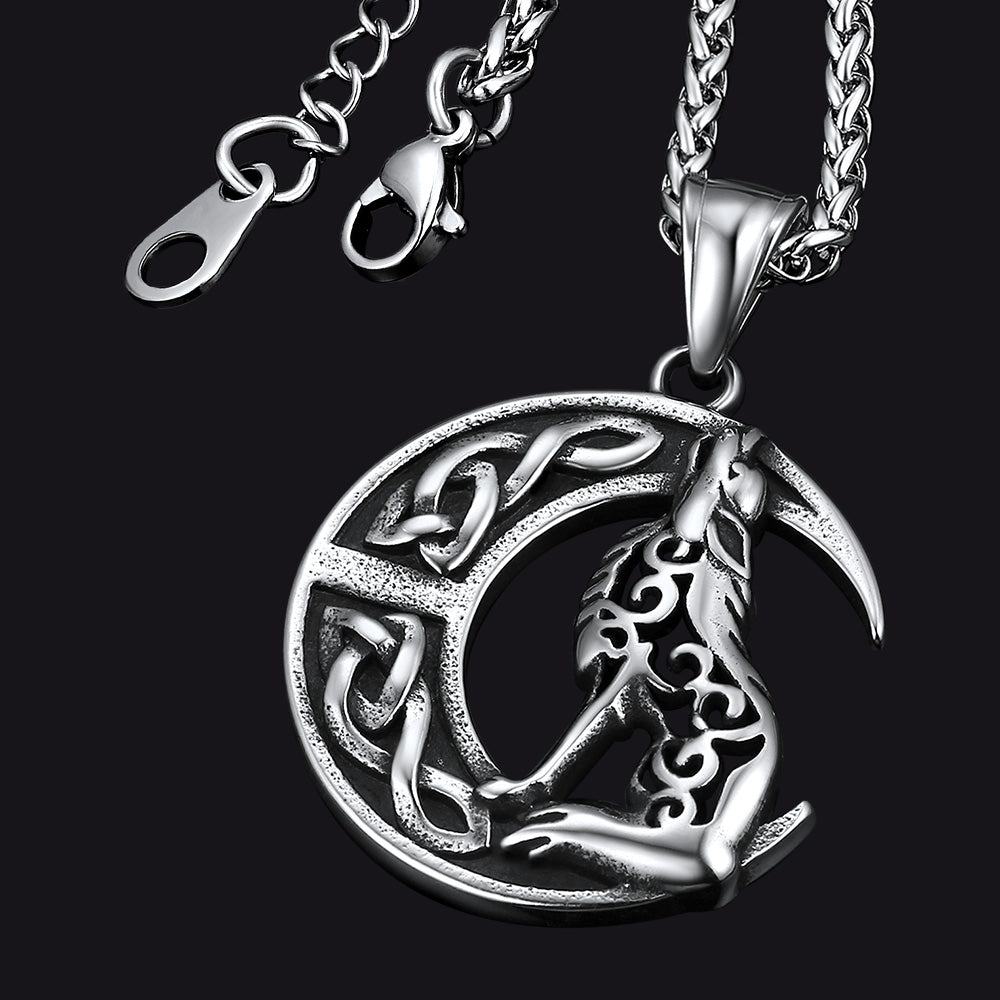 Viking Celtic Crescent Moon Wolf Necklace Pendant For Men
