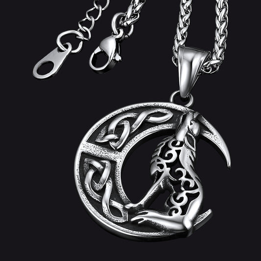 Viking Celtic Crescent Moon Wolf Necklace Pendant For Men