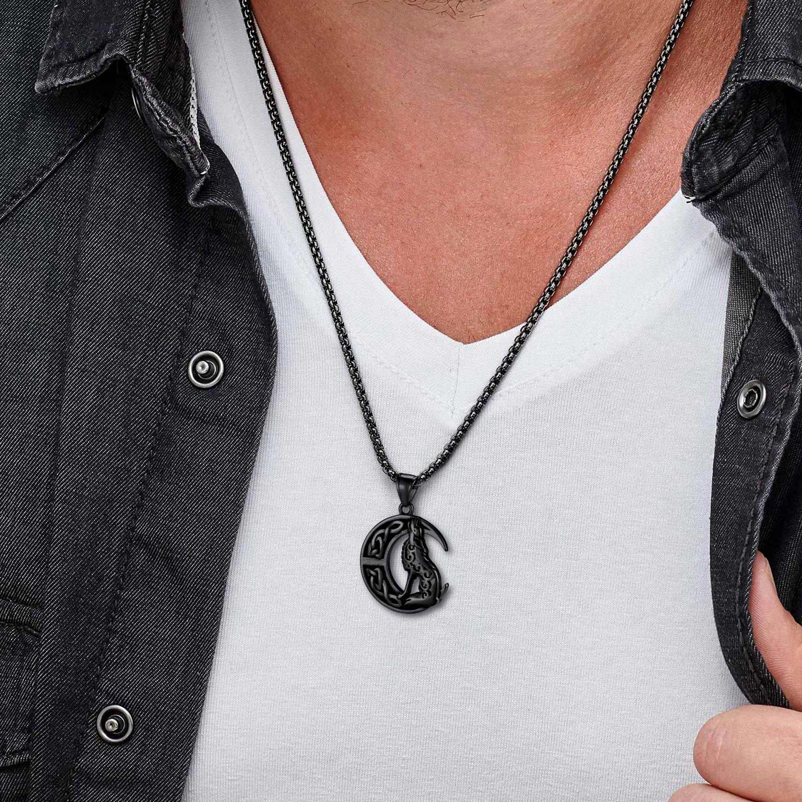 Viking Celtic Crescent Moon Wolf Necklace Pendant For Men
