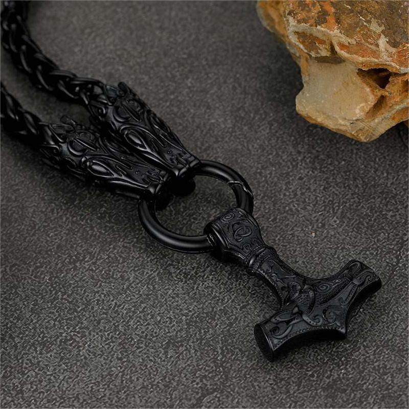 Viking Thor's Hammer Mjolnir Necklace For Men With Wolf Chain