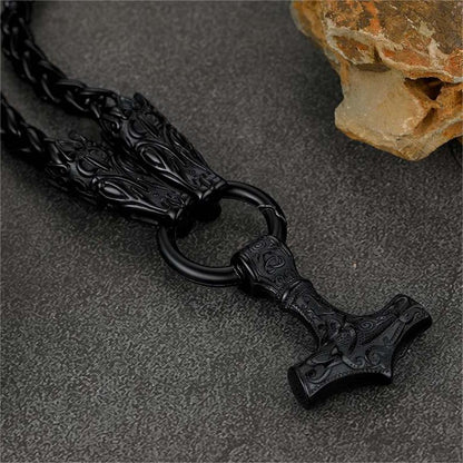 Viking Thor's Hammer Mjolnir Necklace For Men With Wolf Chain