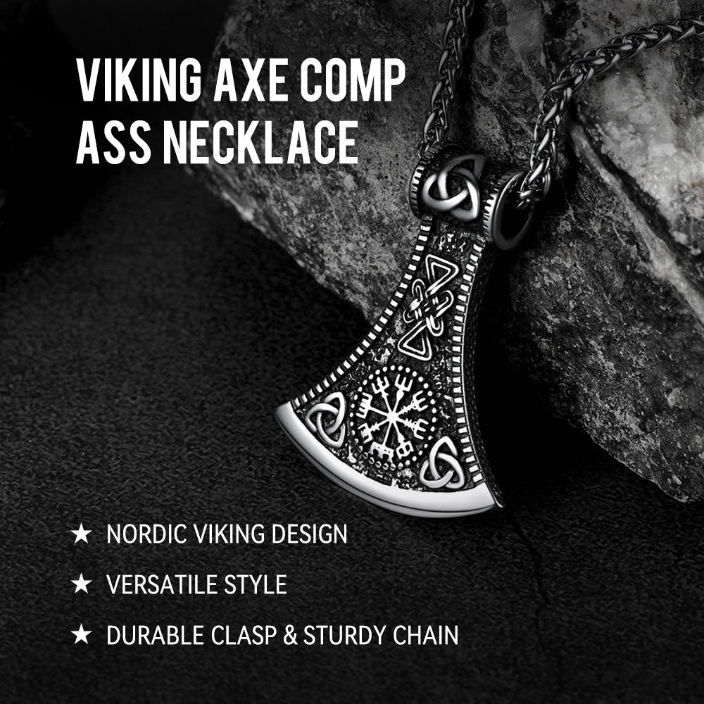 Battle Axe Viking Pendant Necklace with Compass For Men