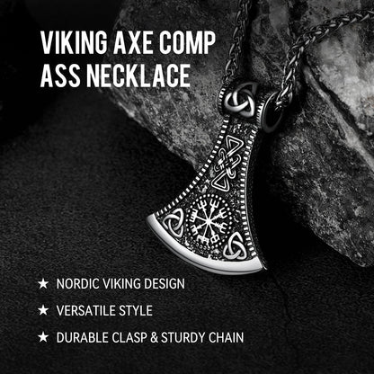 Battle Axe Viking Pendant Necklace with Compass For Men