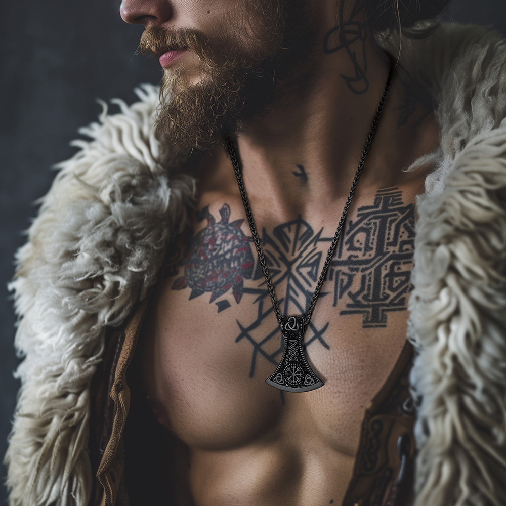 Battle Axe Viking Pendant Necklace with Compass For Men
