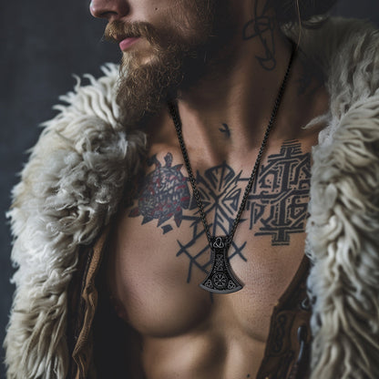 Battle Axe Viking Pendant Necklace with Compass For Men