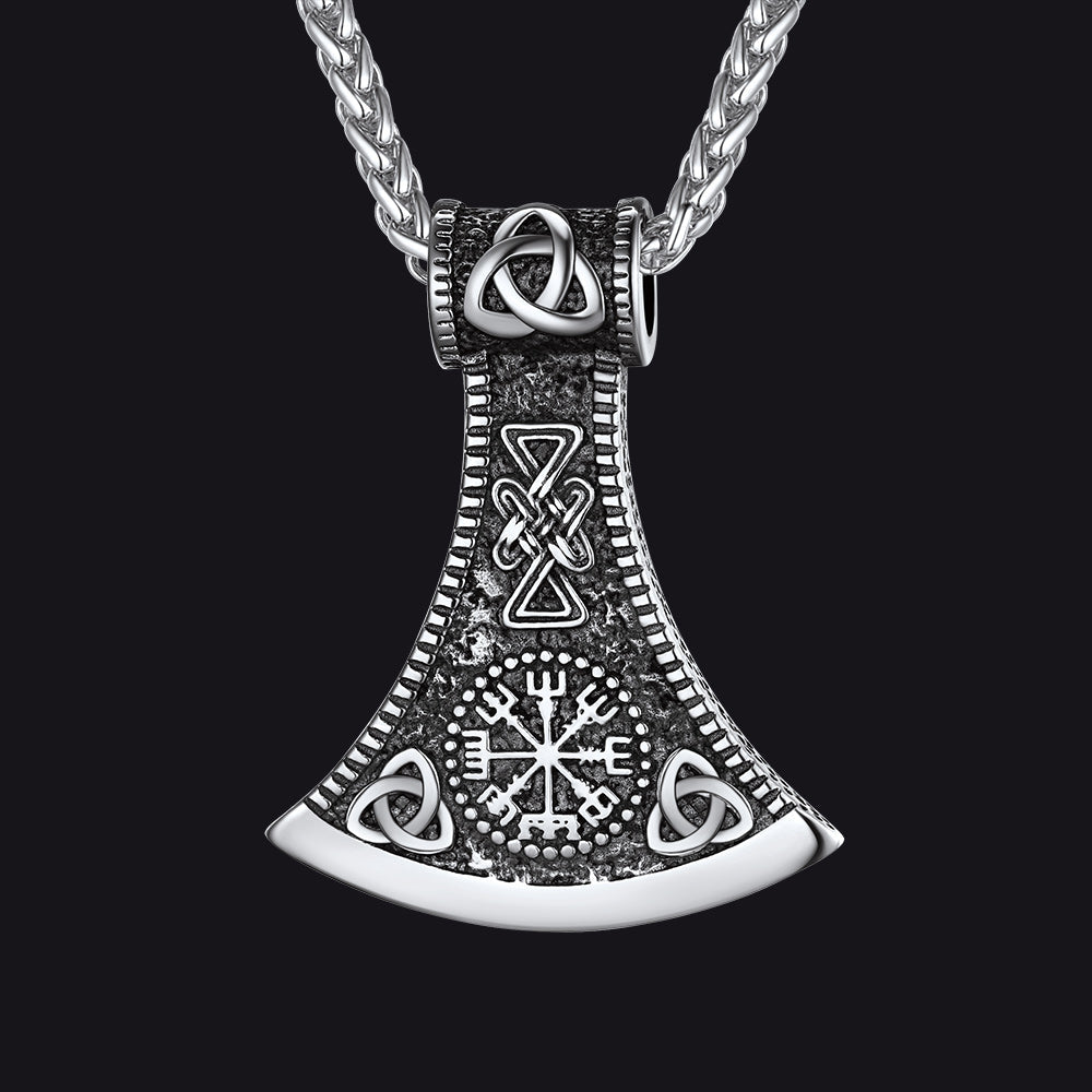 Battle Axe Viking Pendant Necklace with Compass For Men