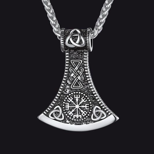 Battle Axe Viking Pendant Necklace with Compass For Men