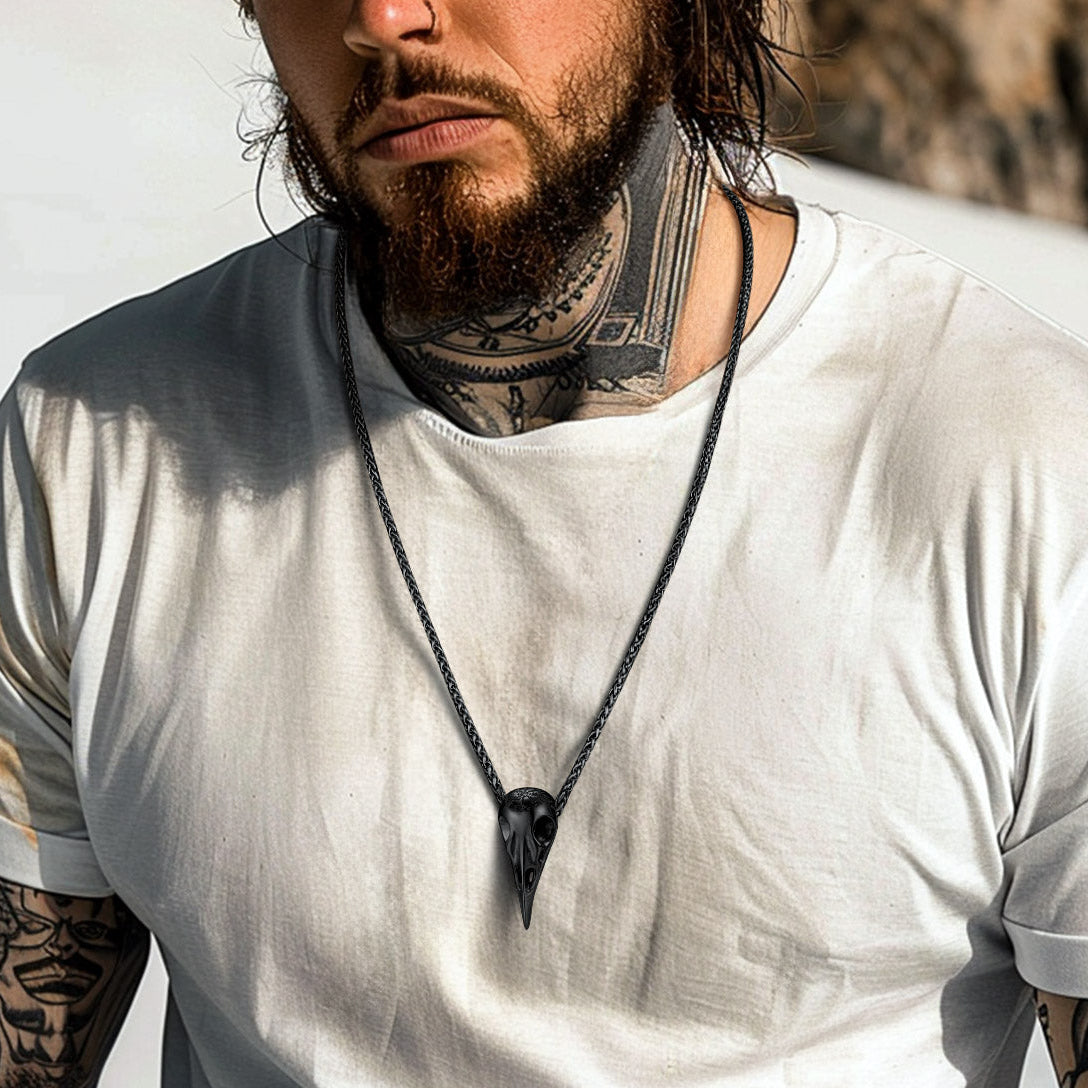 Raven Skull Necklace With Viking Compass for Men