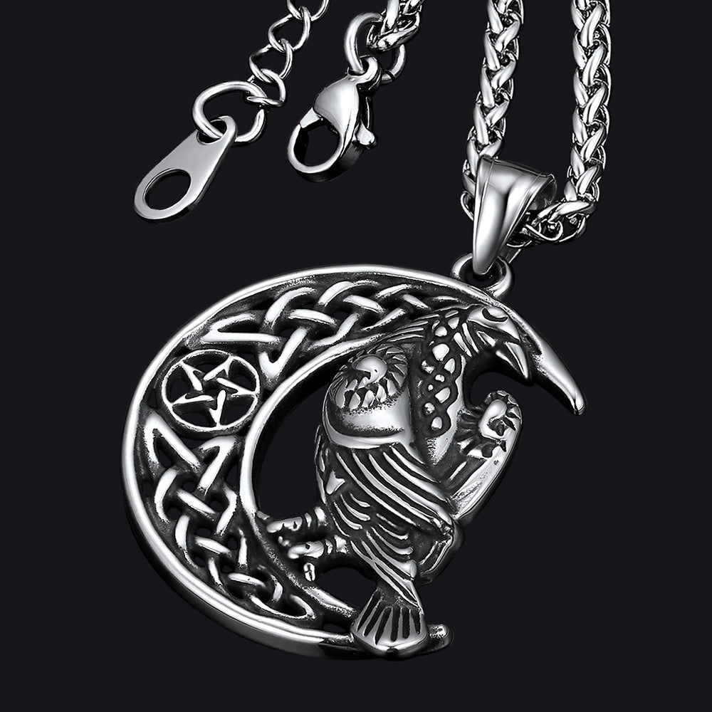 Celtic Crescent Moon Necklace With Odin Raven