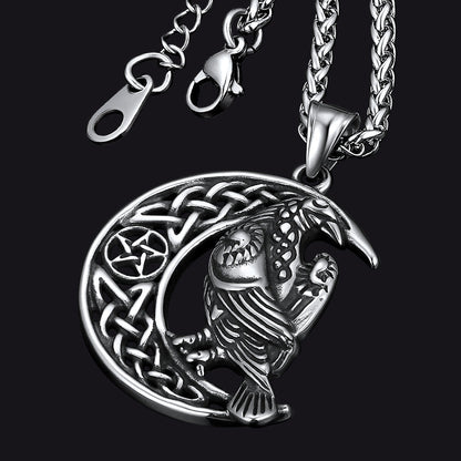 Celtic Crescent Moon Necklace With Odin Raven