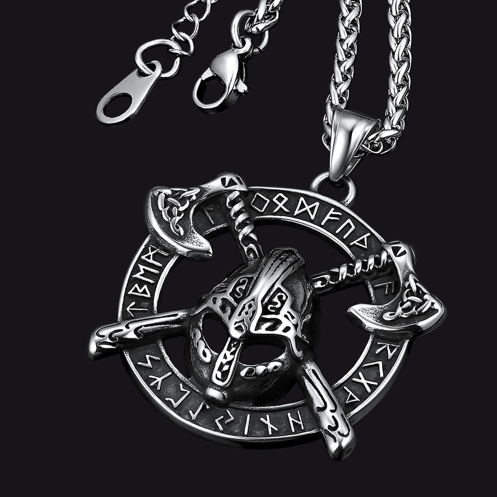 Viking Axe Helmet Pendant Necklace For Men With Runes