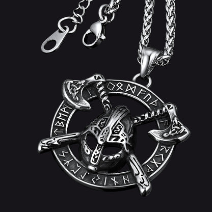 Viking Axe Helmet Pendant Necklace For Men With Runes