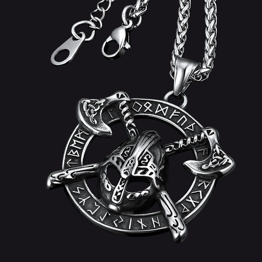 Viking Axe Helmet Pendant Necklace For Men With Runes