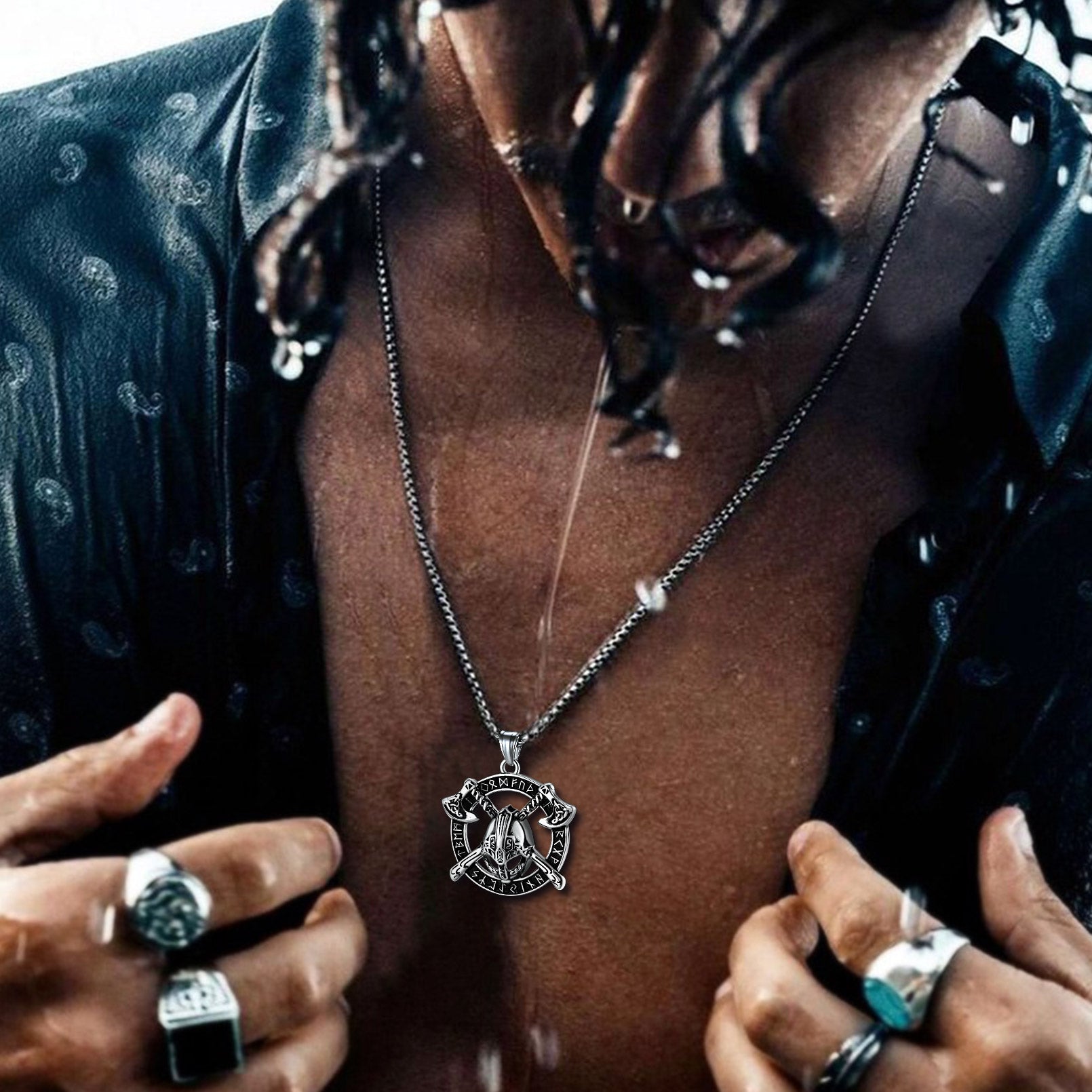 Viking Axe Helmet Pendant Necklace For Men With Runes