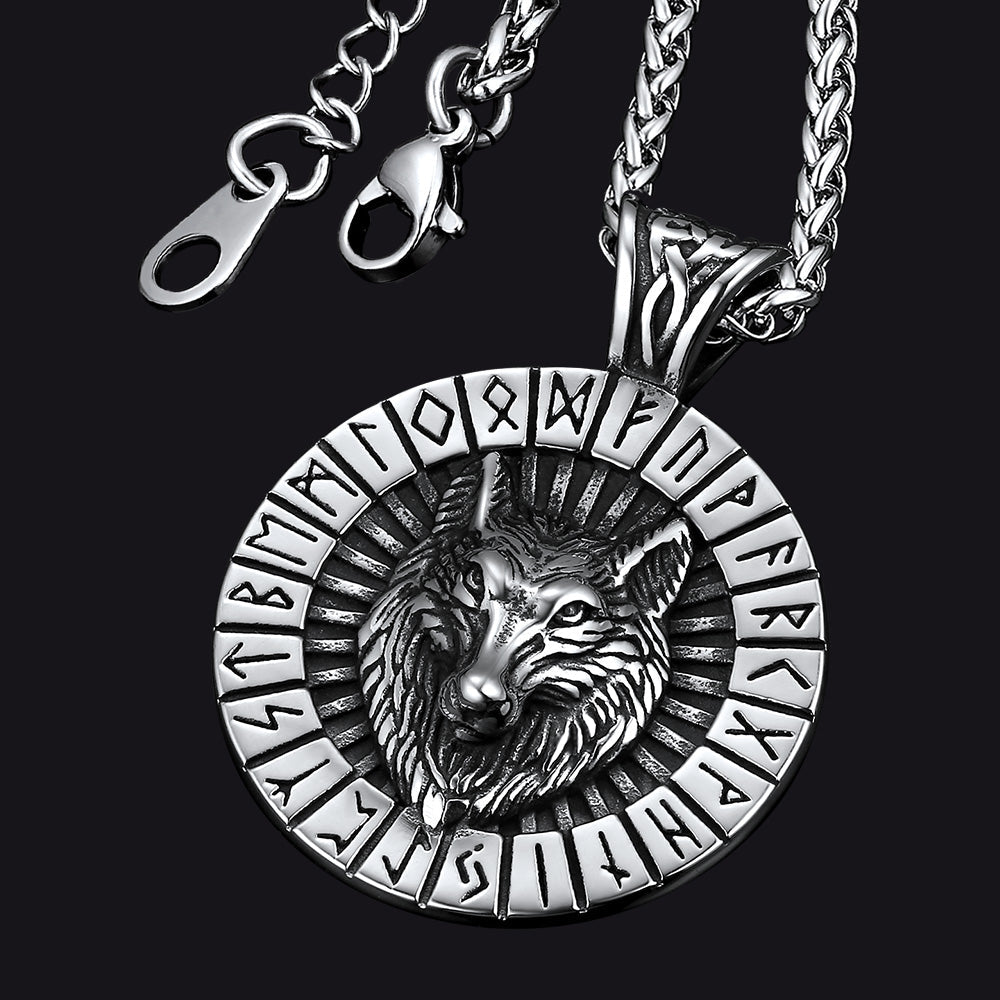 Viking Wolf Medal Necklace With Runes Jewelry For Men