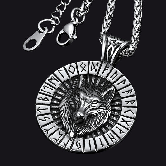 Viking Wolf Medal Necklace With Runes Jewelry For Men