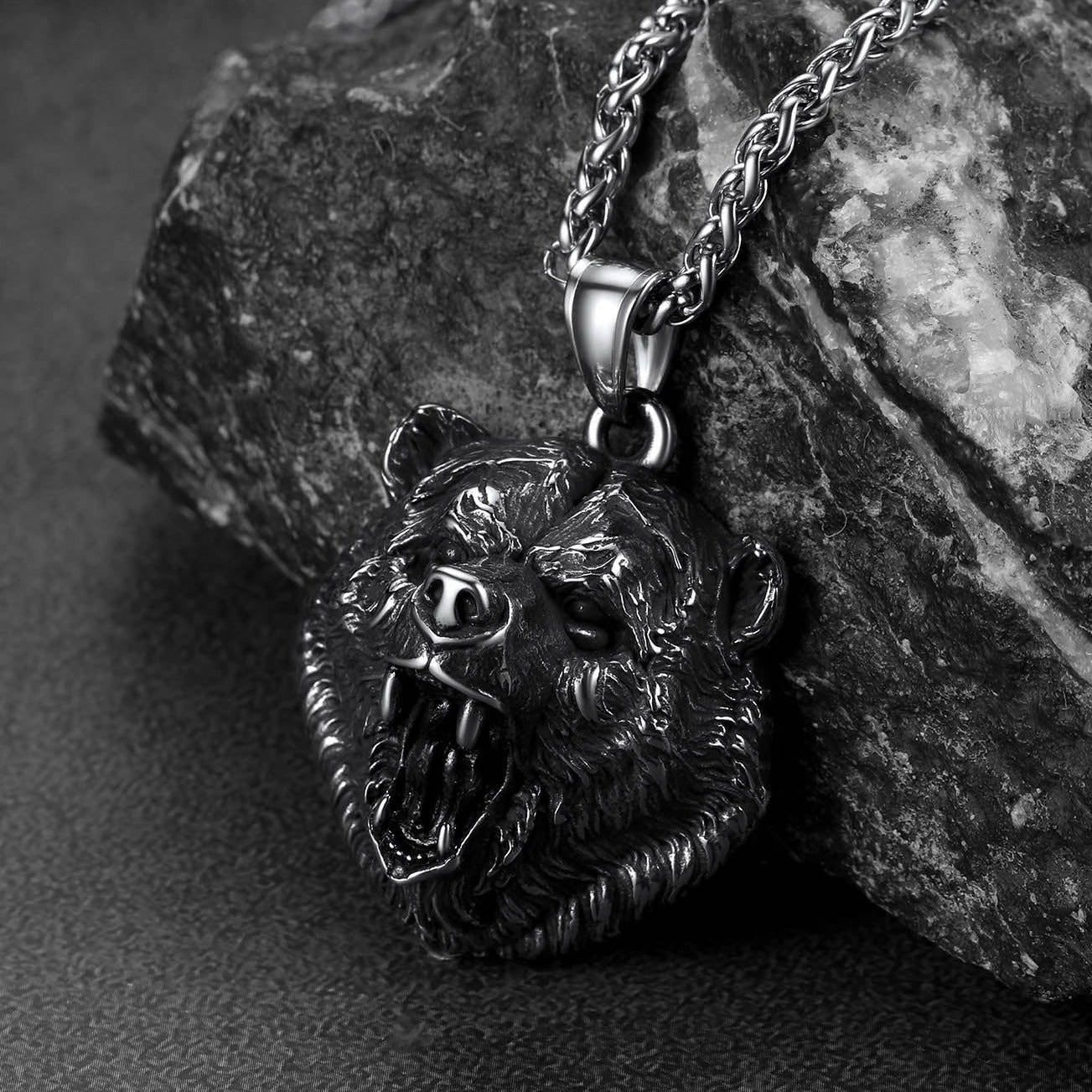 Wild Roaring Bear Head Pendant Necklace for Men