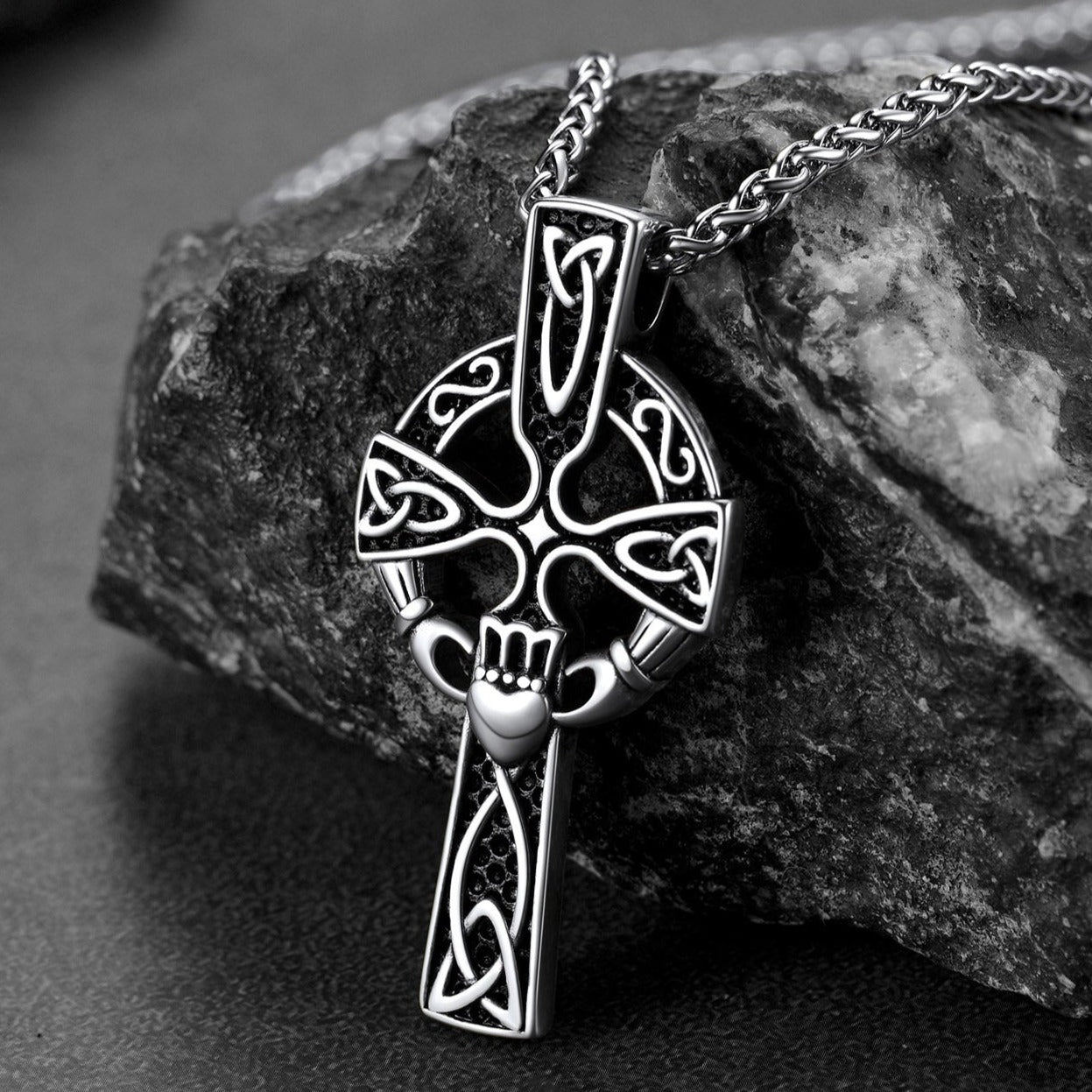 Irish Celtic Cross Necklace with Claddage For Men
