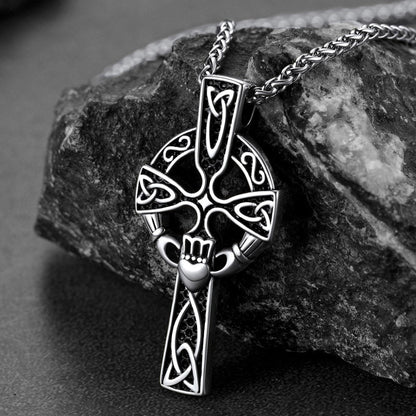 Irish Celtic Cross Necklace with Claddage For Men