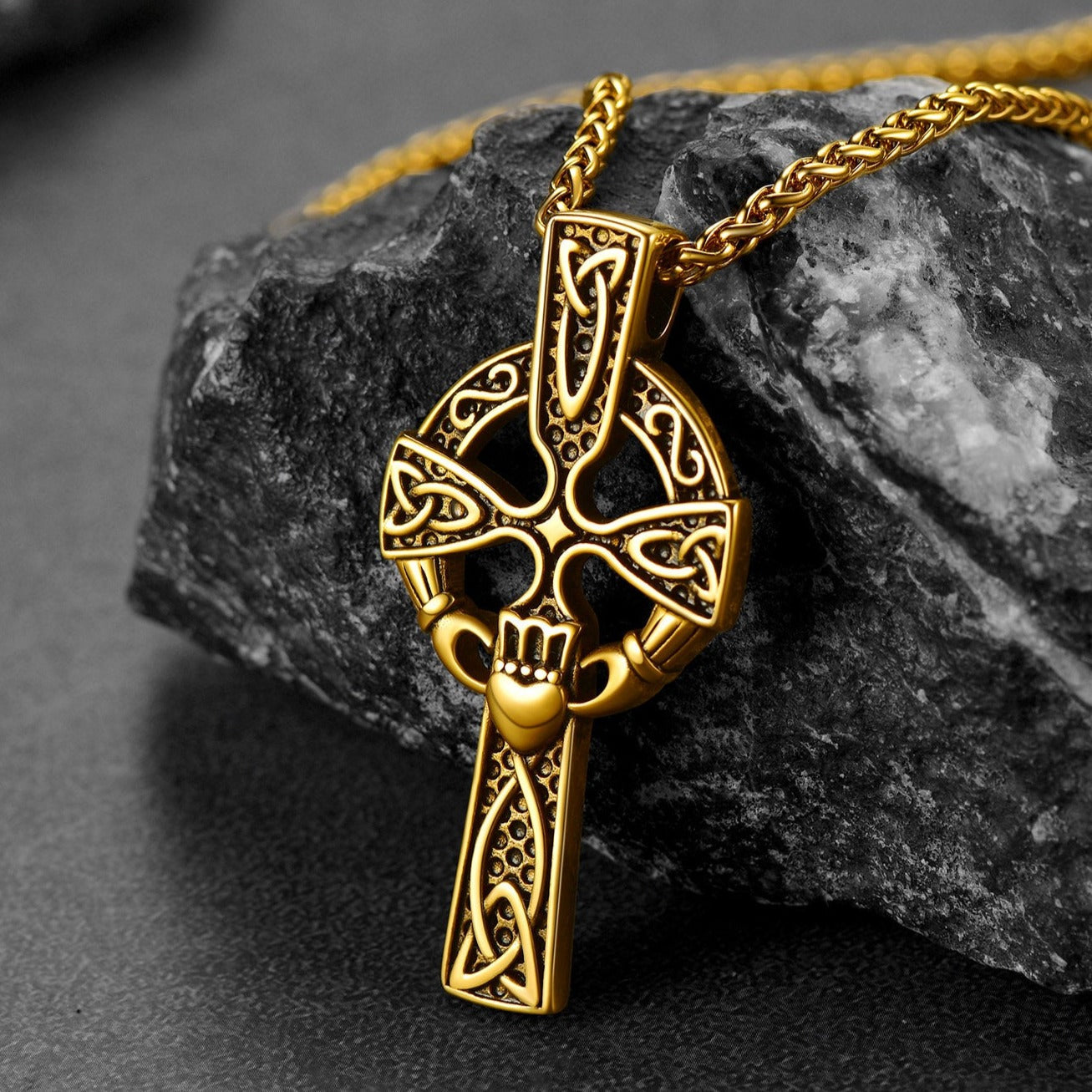 Irish Celtic Cross Necklace with Claddage For Men