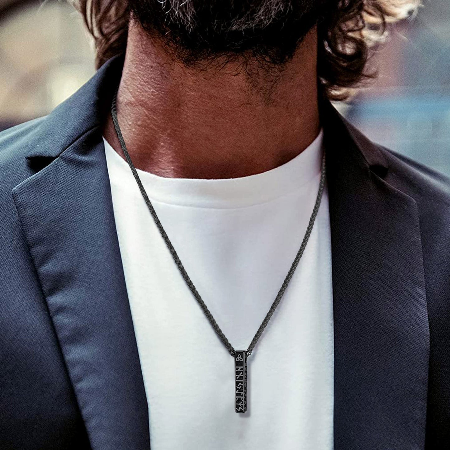 Engraved Viking Runes Bar Necklace Pendant Jewelry For Men