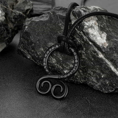 Troll Cross Pendant Leather Necklace with Viking Runes
