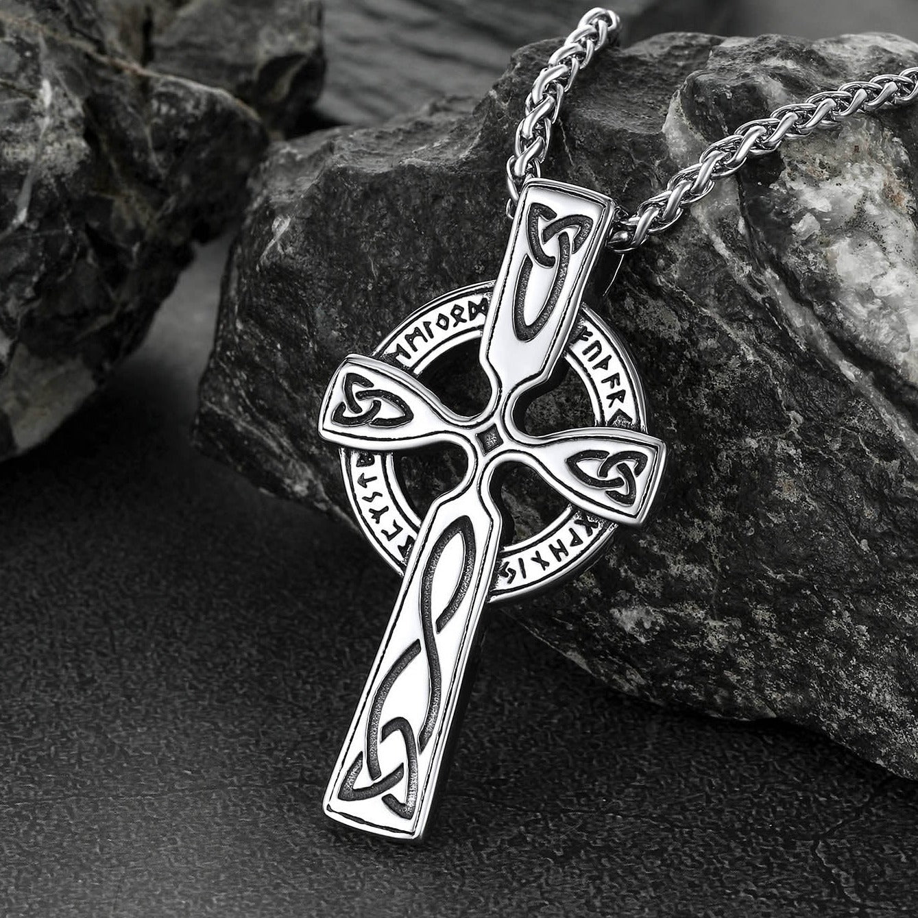 Irish Celtic Cross Pendant Necklace with Viking Runes for Men