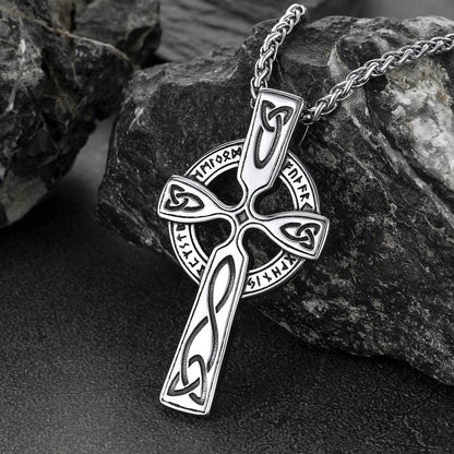 Irish Celtic Cross Pendant Necklace with Viking Runes for Men