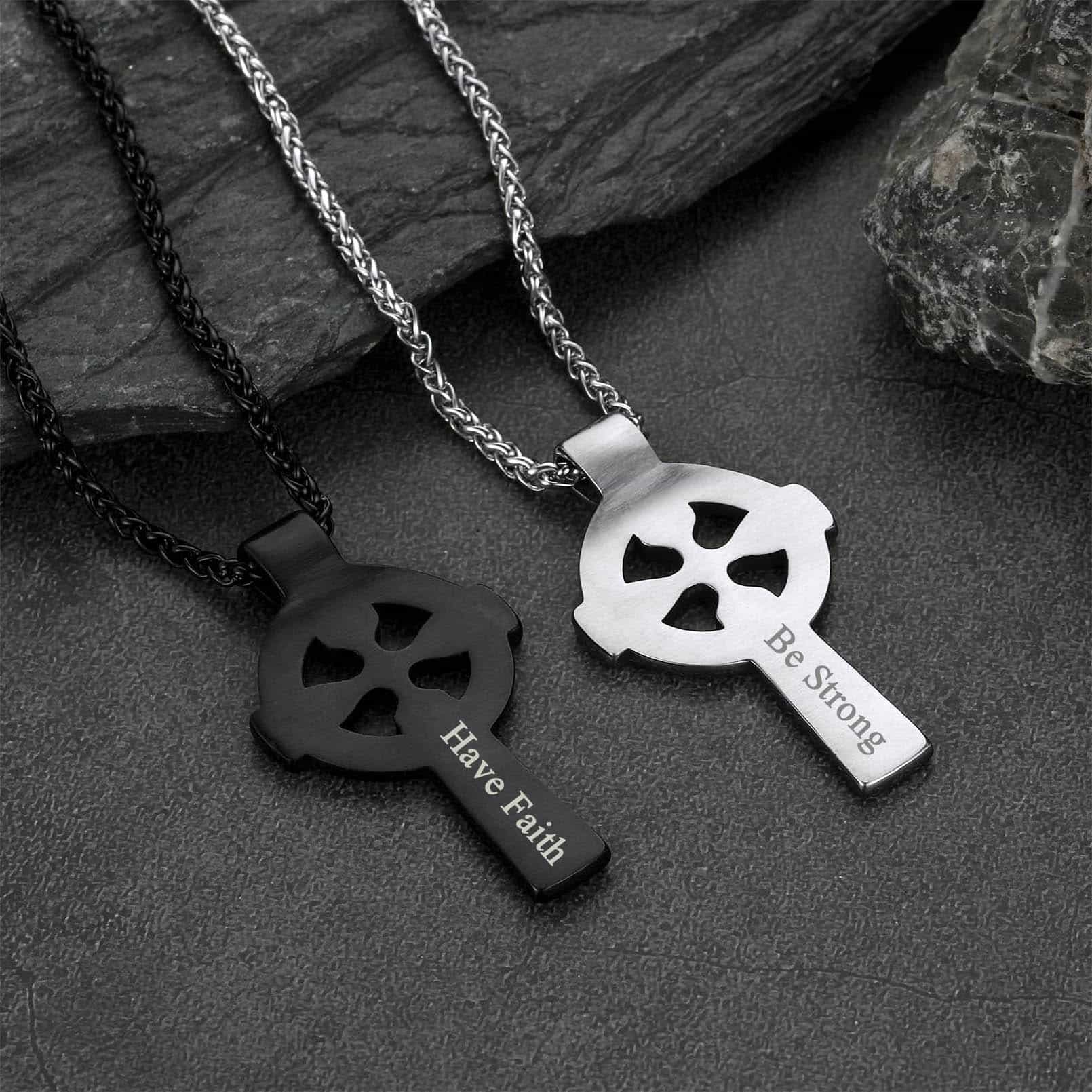Irish Celtic Cross Pendant Necklace with Viking Runes for Men