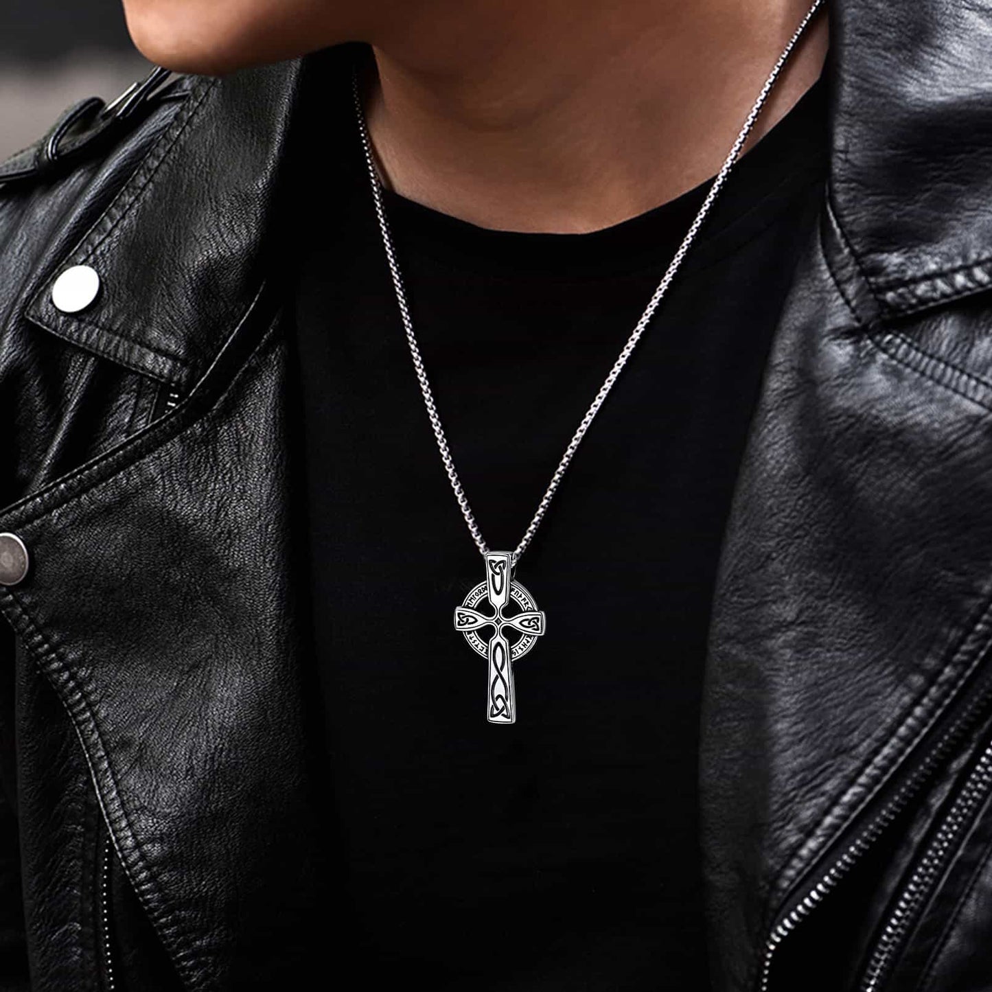 Irish Celtic Cross Pendant Necklace with Viking Runes for Men