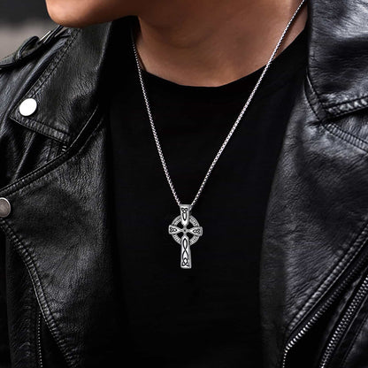 Irish Celtic Cross Pendant Necklace with Viking Runes for Men
