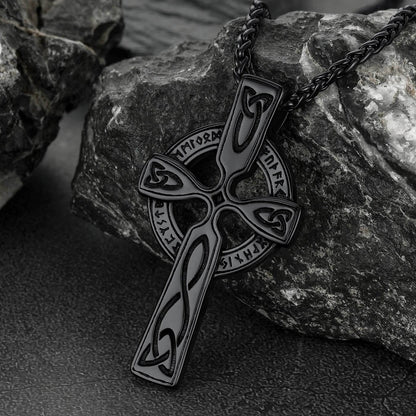Irish Celtic Cross Pendant Necklace with Viking Runes for Men